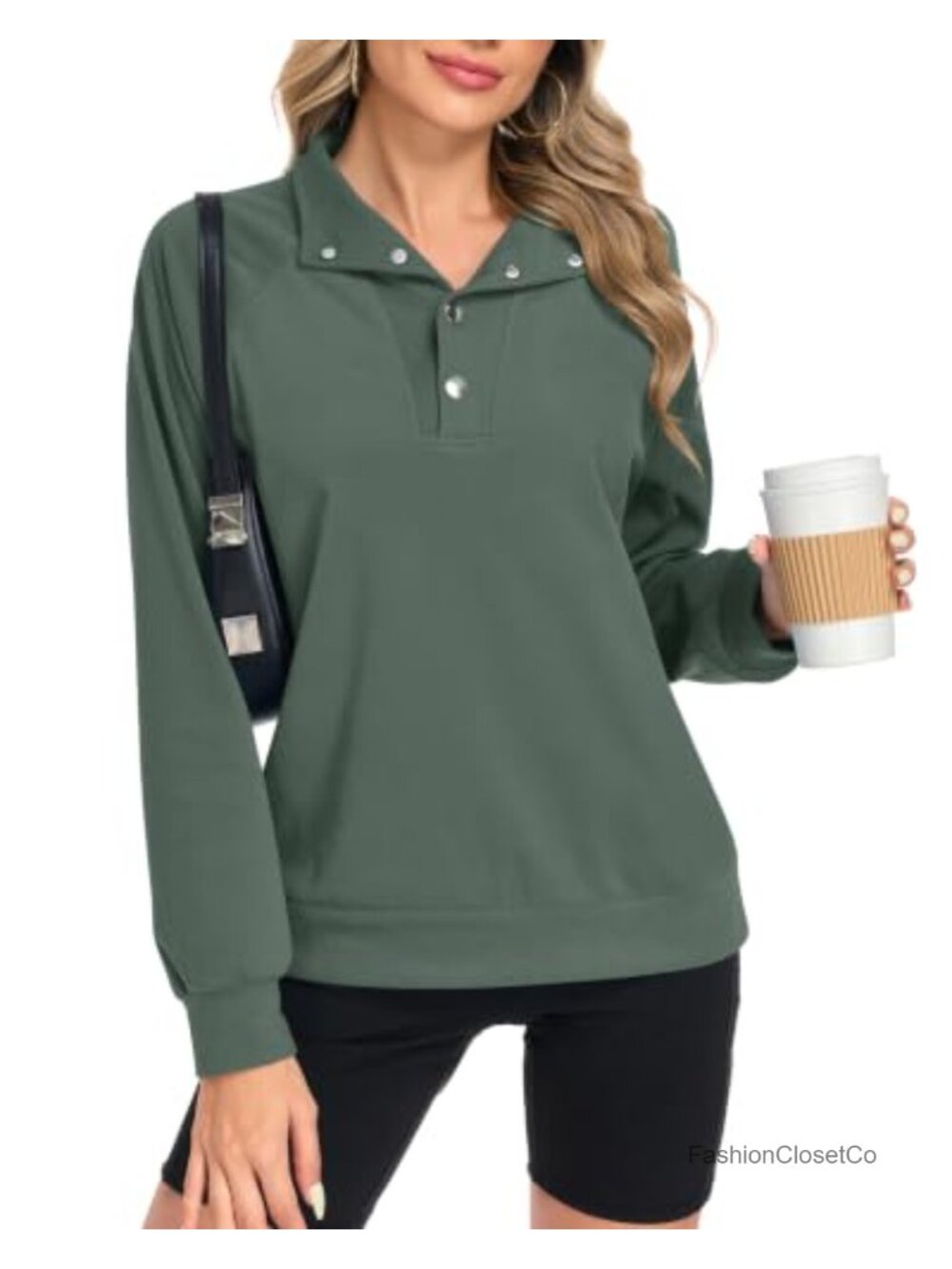 Women's Henley Neck Snap Button Pullover Sweatshirt Long Sleeve